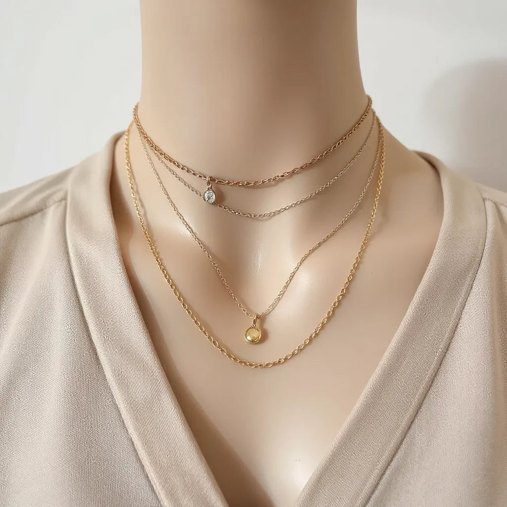 Layered necklaces with a small pendant arranged at different lengths on a mannequin neck