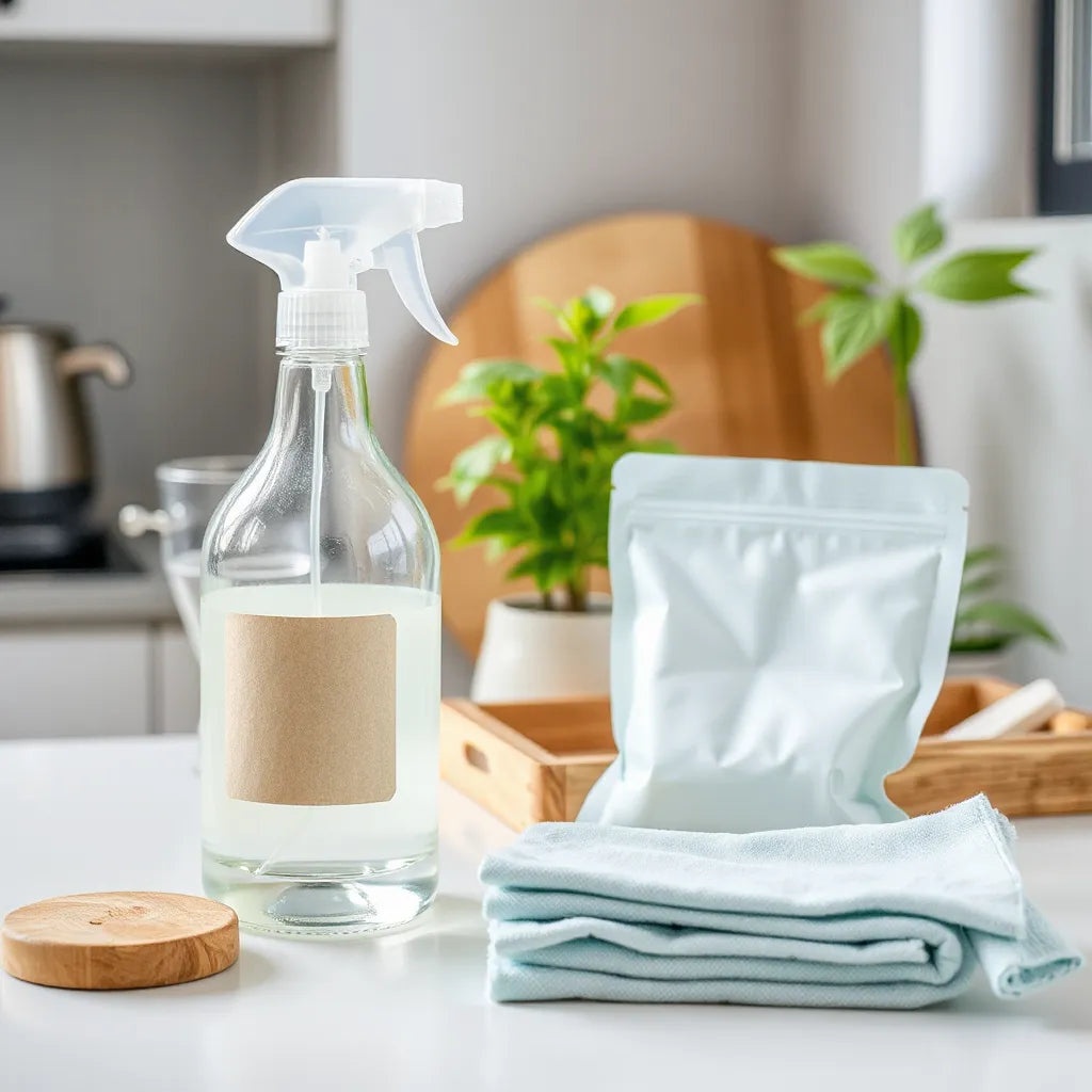 Biodegradable cleaning bottles and cloths arranged on a kitchen counter with natural plants in the background