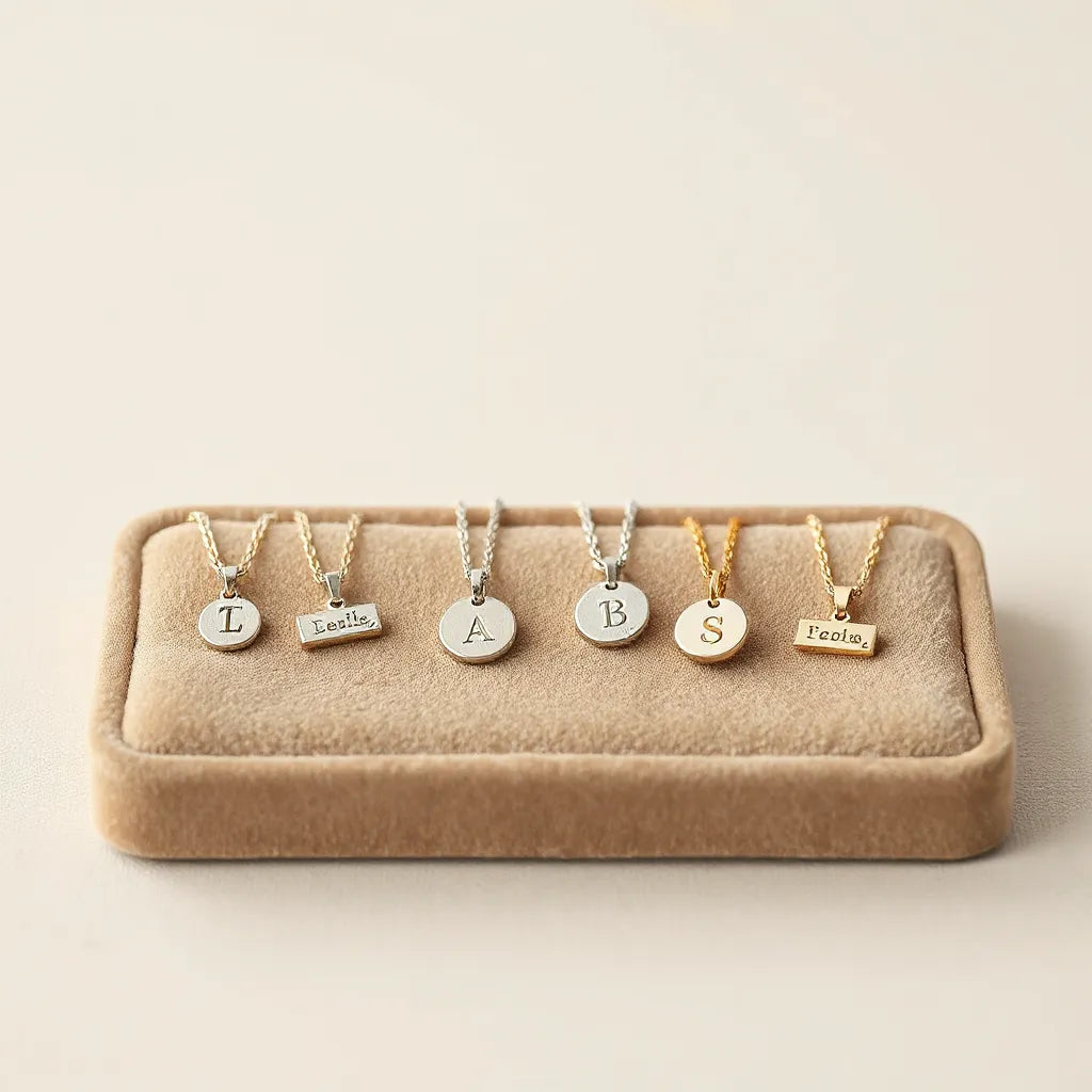 Assorted personalized pendants with engraved initials displayed on fine chains