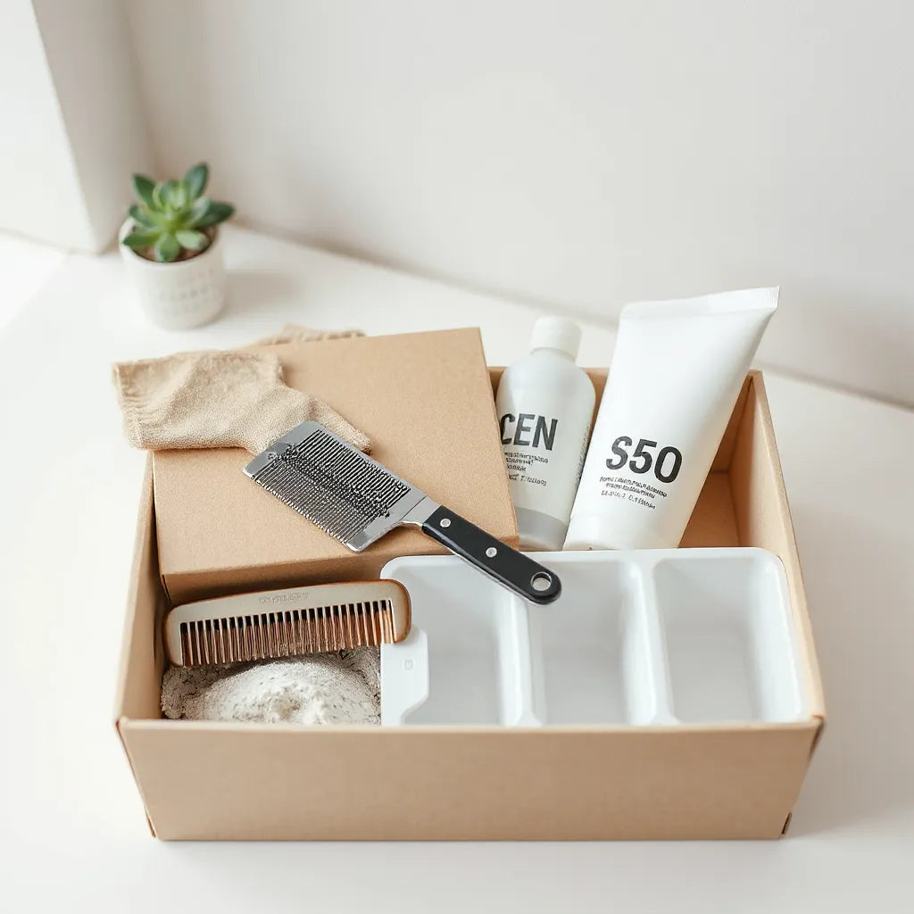 Eco-friendly grooming essentials arranged on a bathroom counter with recyclable packaging and metal tools