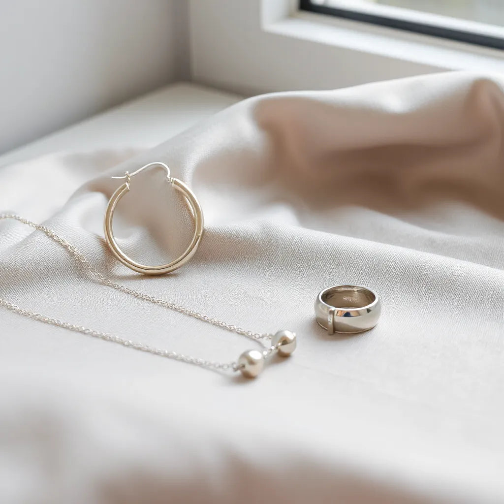 Polished silver hoop earrings, a delicate chain necklace, and a ring on soft satin fabric