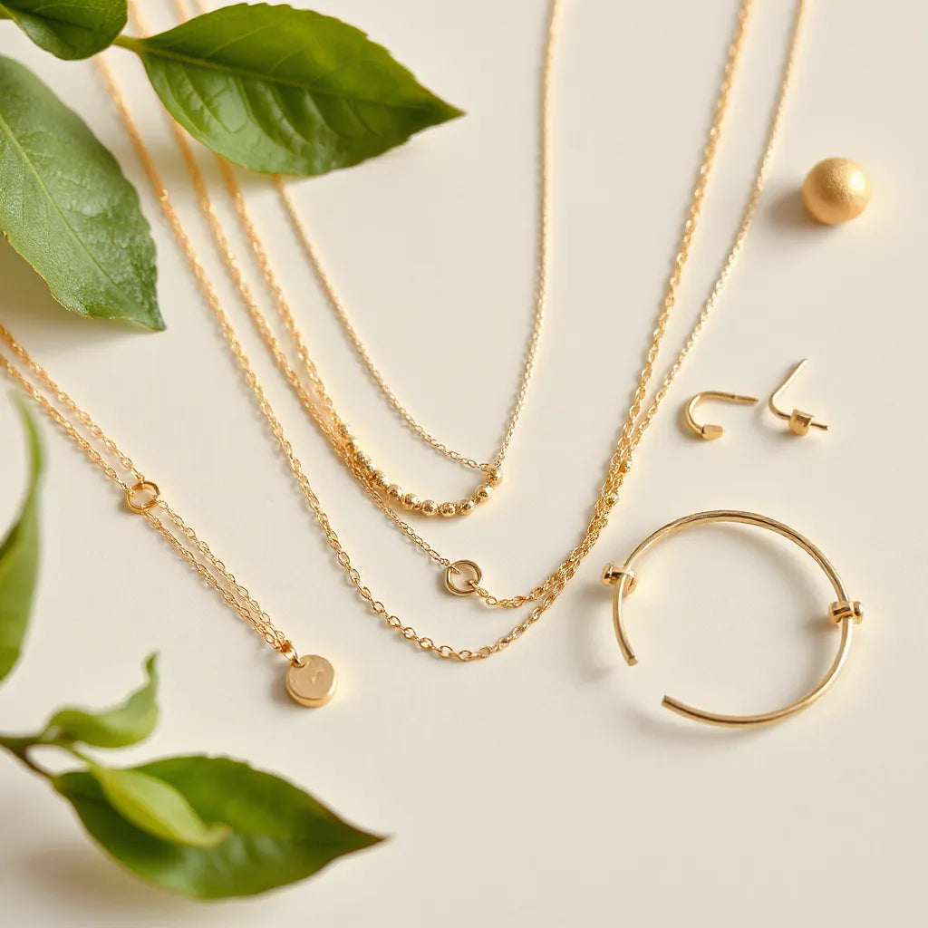 Assorted gold vermeil necklaces and earrings arranged neatly on a neutral background