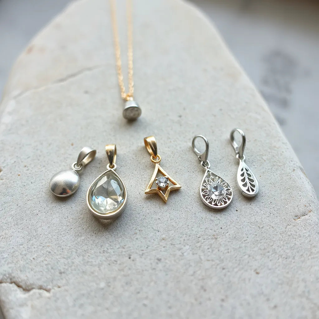 Assorted unique silver pendants arranged on a light stone surface with soft natural lighting