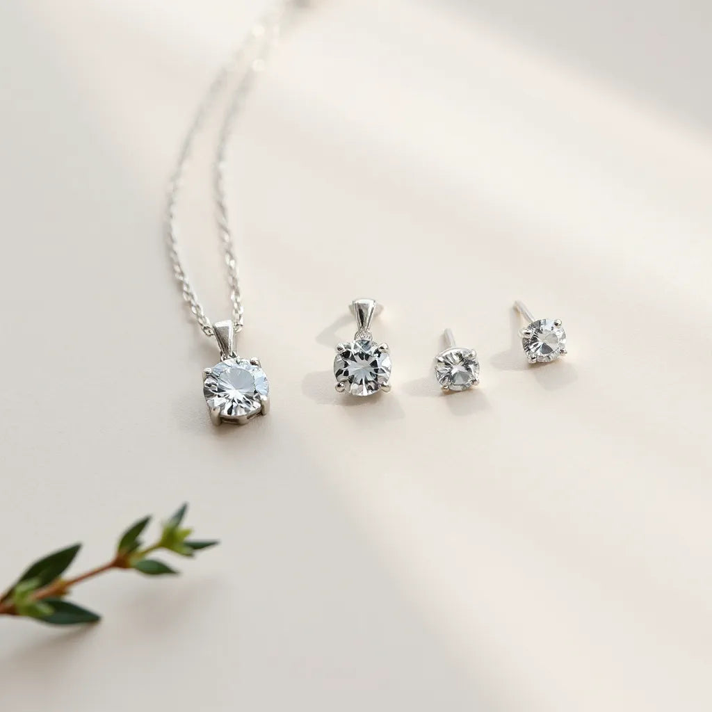 Moissanite pendant necklace, stud earrings, and a slim bracelet arranged on a clean light background