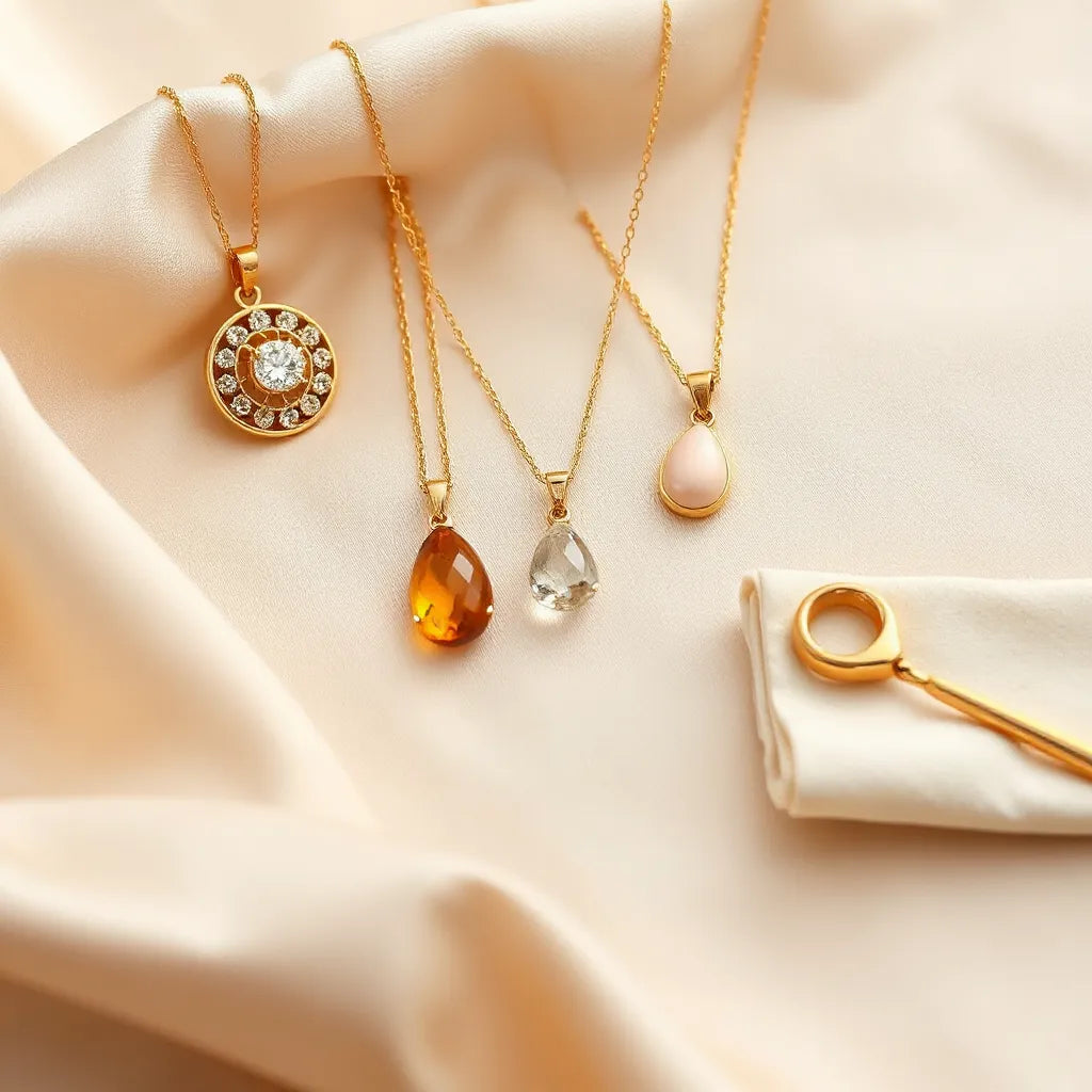 Assorted luxury Italian pendants with delicate chains displayed on satin under soft studio lighting