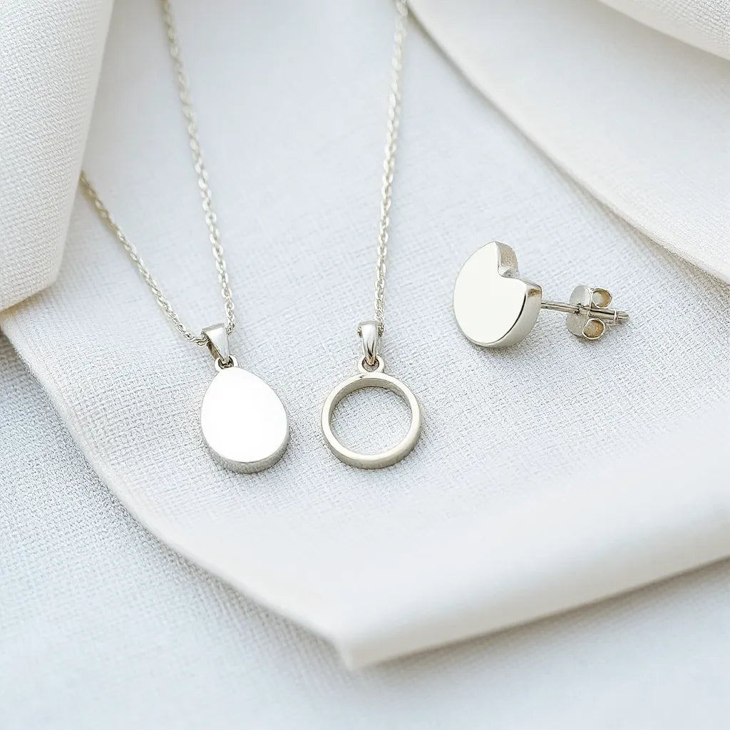 Polished sterling silver pendant, bracelet, and earrings on neutral fabric with soft natural light