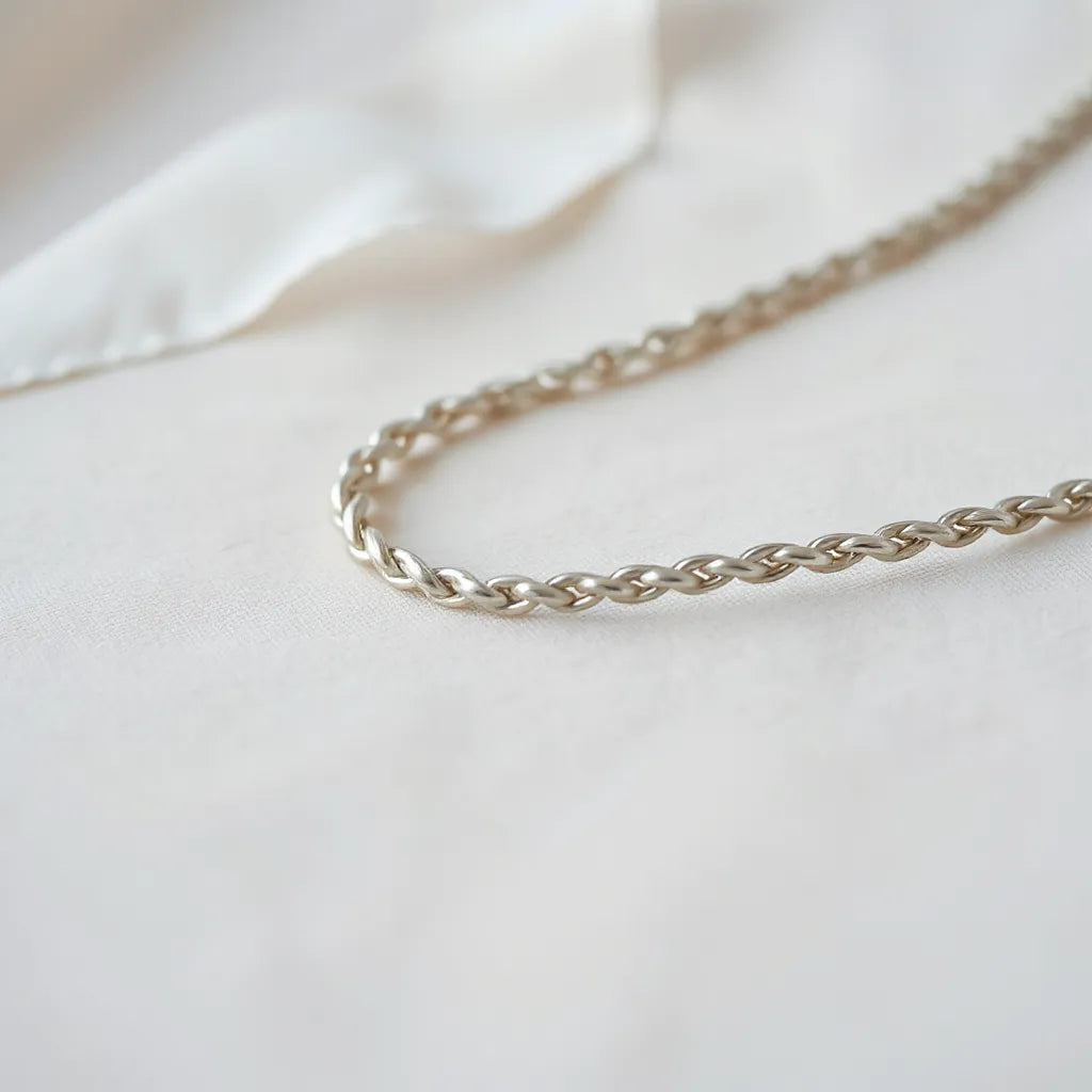 Polished 925 silver rope chain lying on soft neutral fabric with subtle reflections