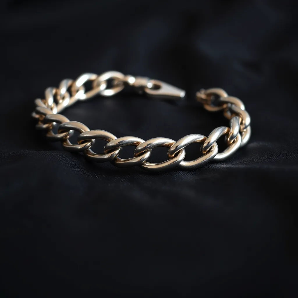 Polished Cuban link bracelet with sharp reflections on a dark, minimal background