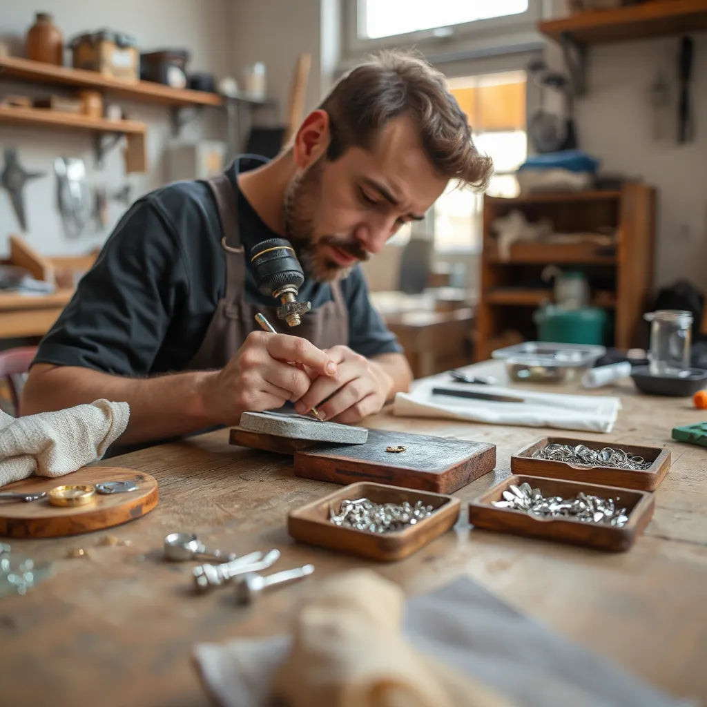 Artisan polishing a gold or silver pendant in an Italian workshop under soft natural light