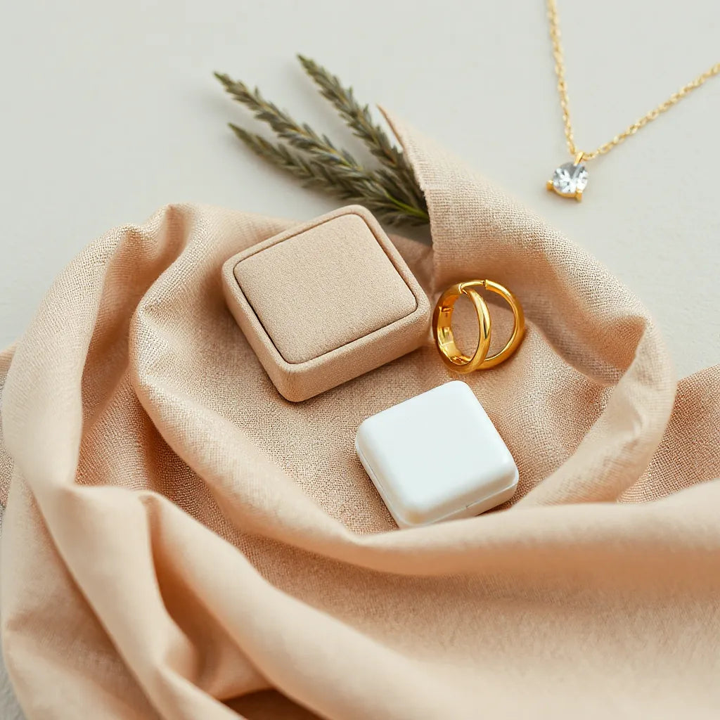 Gold vermeil necklace and hoop earrings on a neutral fabric background with soft highlights