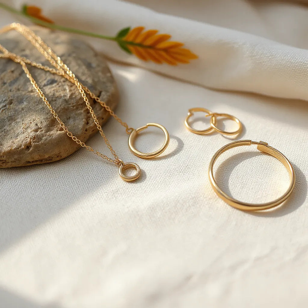 Gold vermeil necklace, hoops, and bracelet displayed on neutral fabric with warm soft lighting