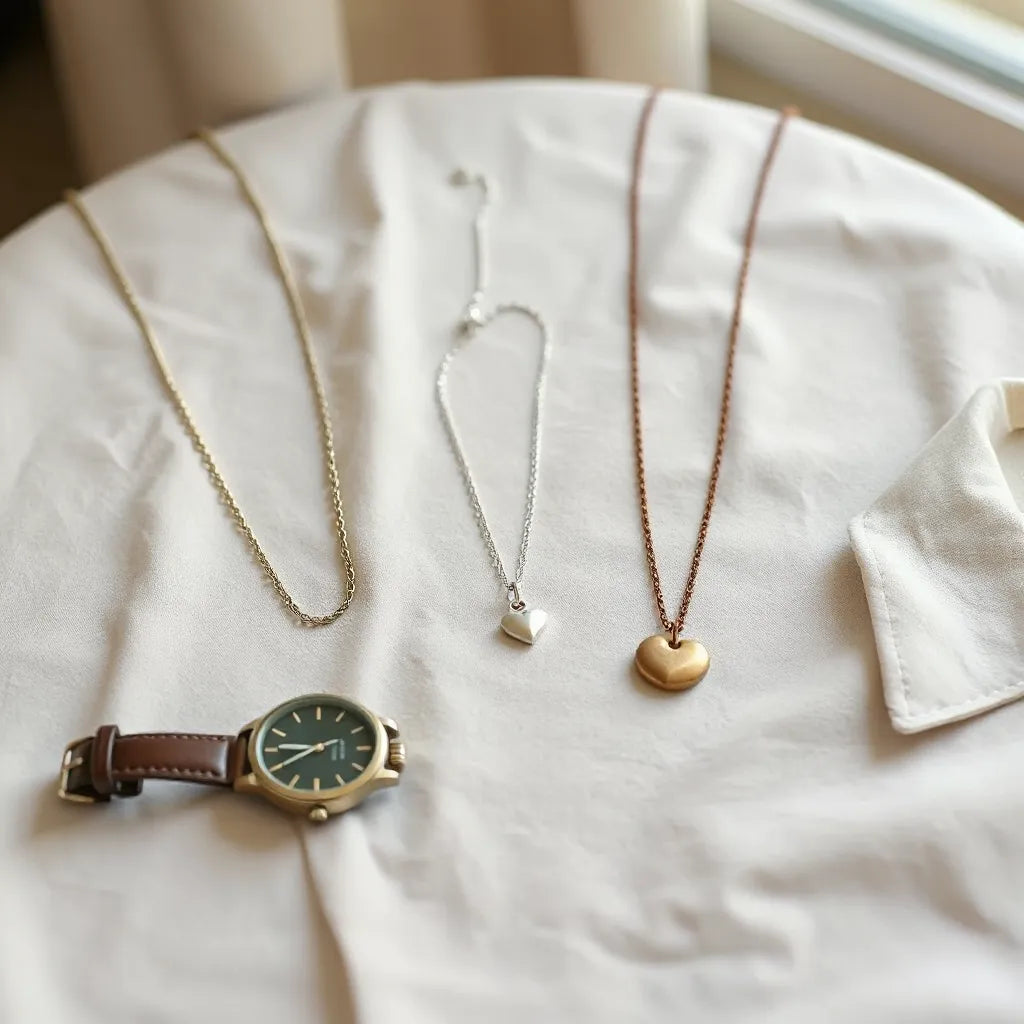 Minimal and charm-accent unisex necklaces arranged on neutral fabric under soft natural light