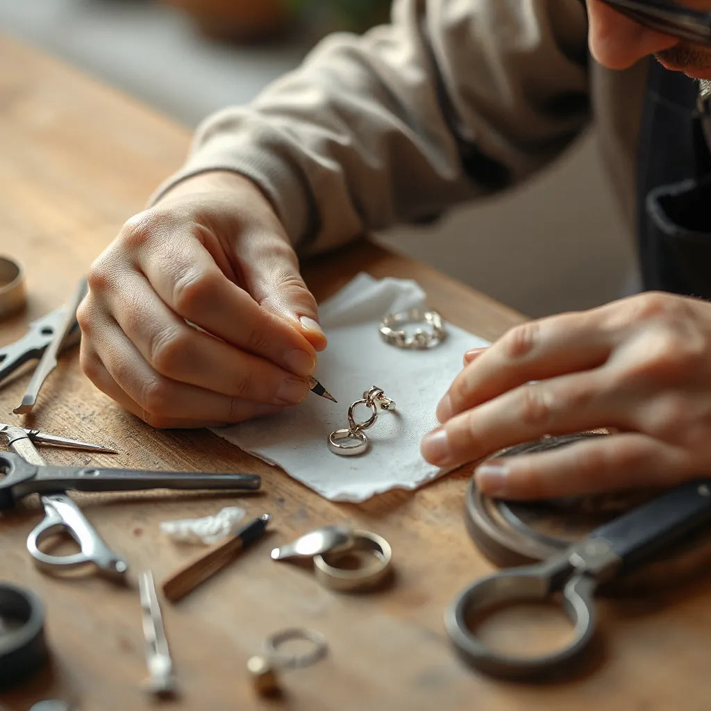Jeweler’s hands crafting a sterling silver piece with tools and polishing cloth on a clean workbench