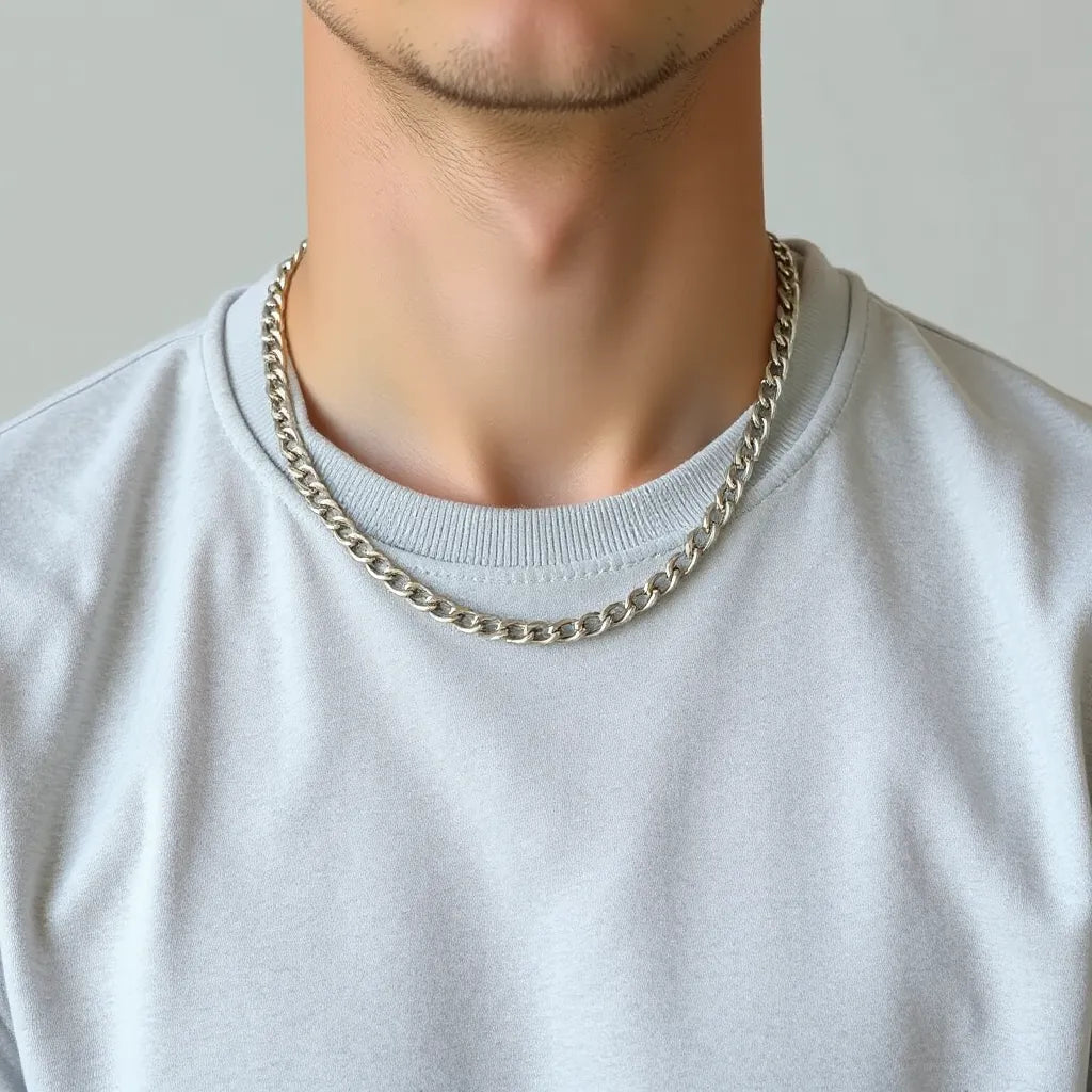 Mens silver chain necklace styled on a model wearing a plain crew-neck shirt in soft daylight