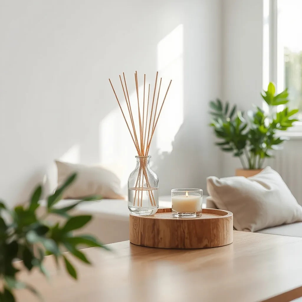 Reed diffuser and glass candle on a wooden table in a bright living room with subtle greenery