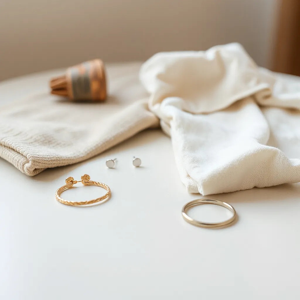 Delicate earrings, necklace, bracelet, and ring styled with a casual folded shirt on a neutral tabletop