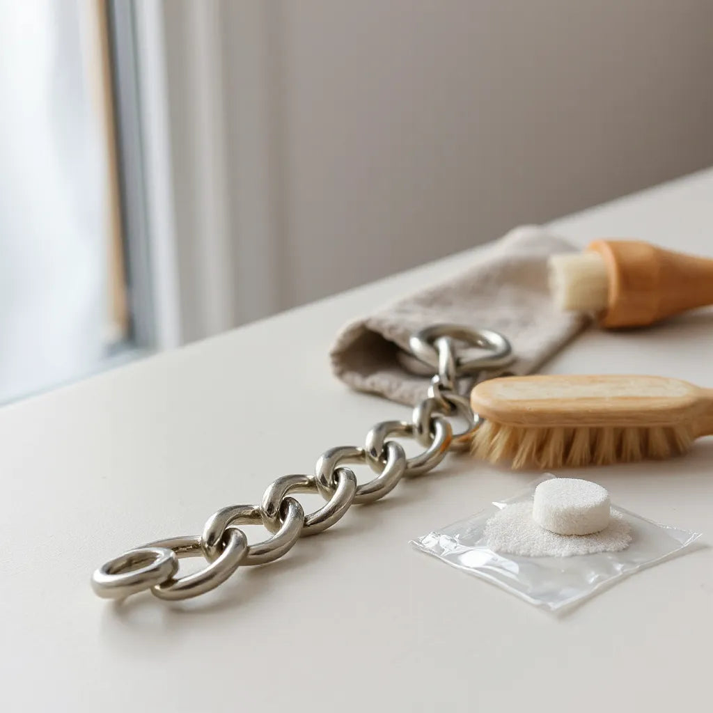 Polished Franco metal chain with soft reflections, microfiber cloth and cleaning brush on a neutral background