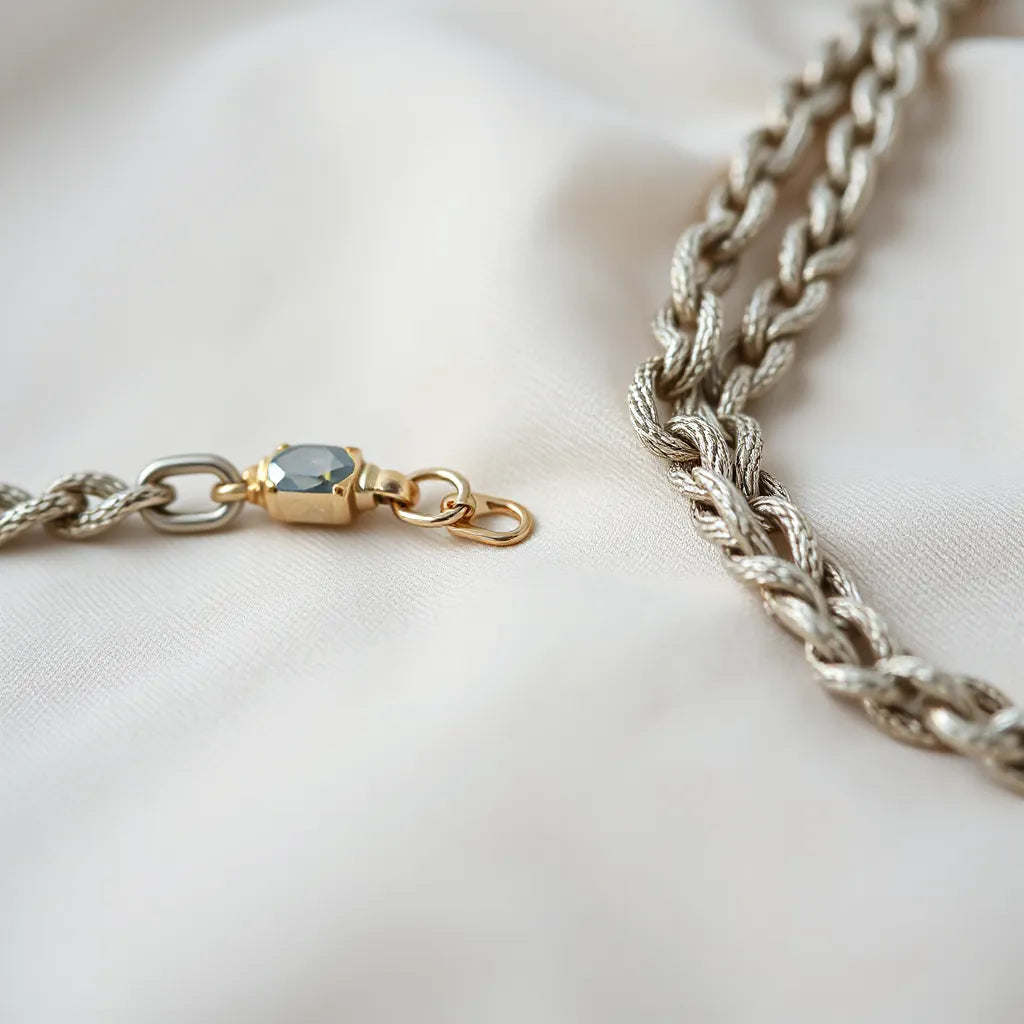 Faceted diamond cut rope chain with crisp reflections on a neutral fabric background