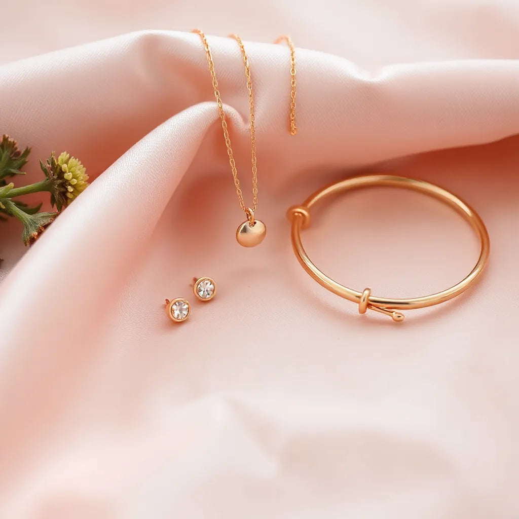 Rose gold vermeil necklace, bracelet, and stud earrings arranged on blush satin fabric