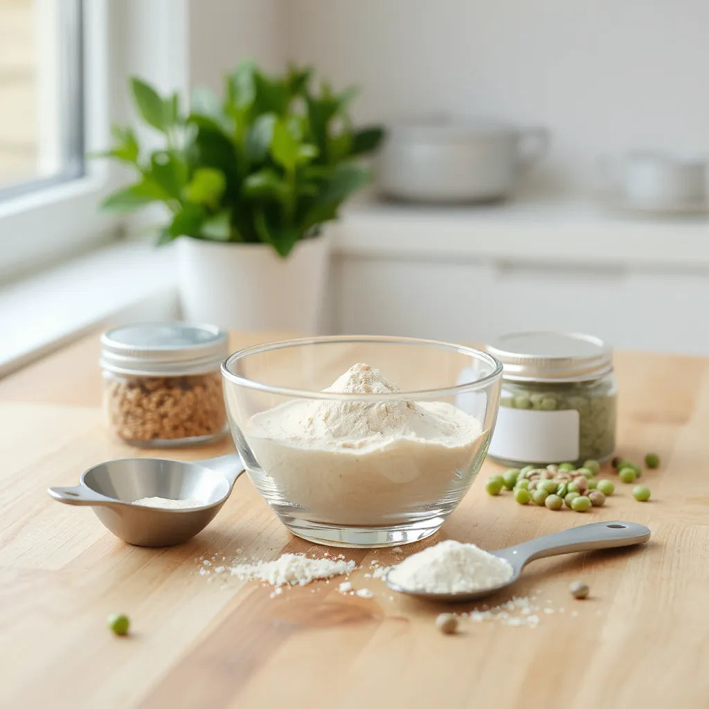 Light-colored vegan protein powder in a glass bowl with a metal scoop on a wooden countertop