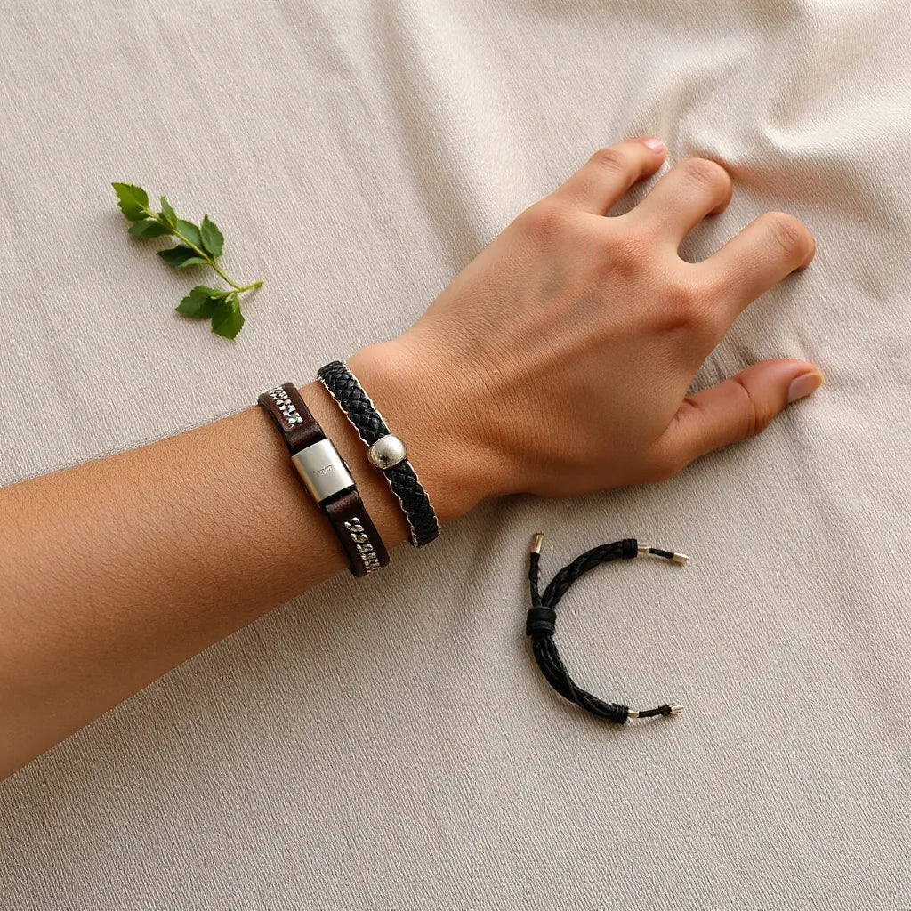 Three stylish men’s bracelets on a wrist with leather, metal chain, and braided cord textures
