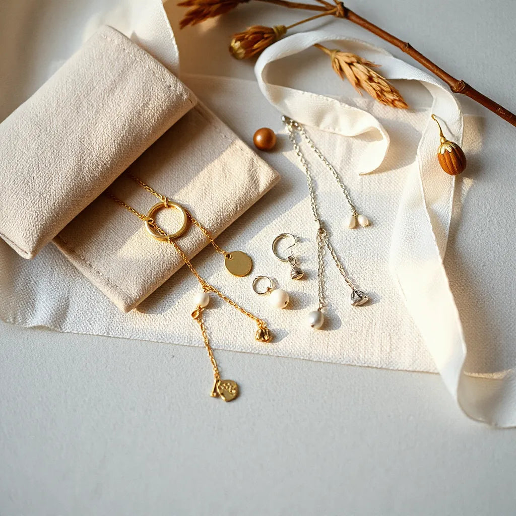 Delicate handmade gold and silver Italian jewelry with a cloth and pouch on neutral fabric