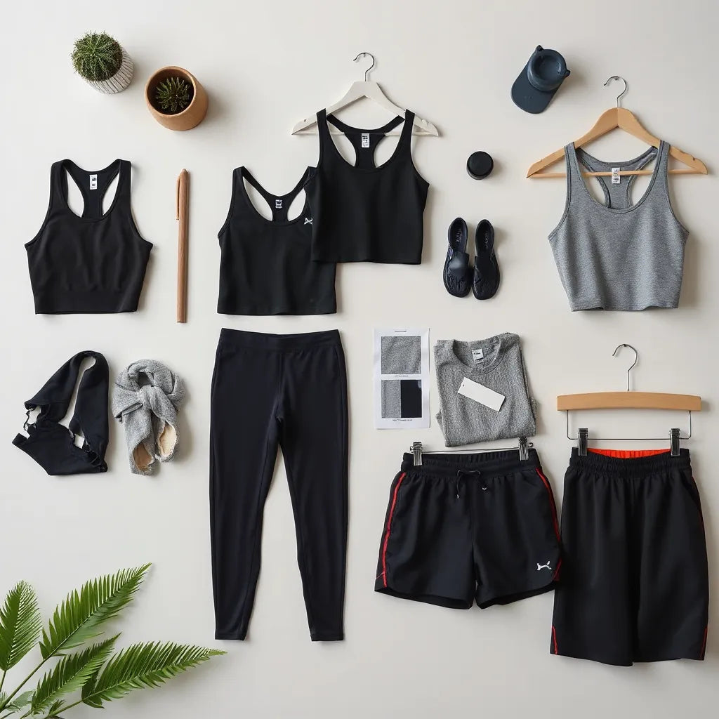 Assorted athletic tops and bottoms with interchangeable color accents arranged on a clean studio background