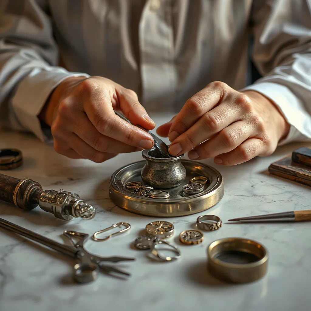 Artisan’s hands working on a small metal jewelry piece in a warmly lit workshop