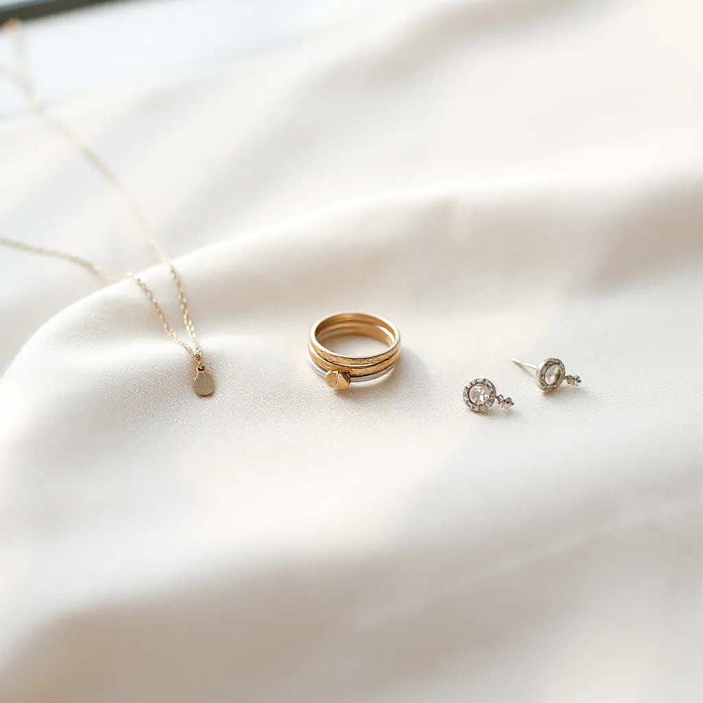 Assorted gold-tone and silver-tone rings, necklace, and earrings arranged neatly on neutral fabric.