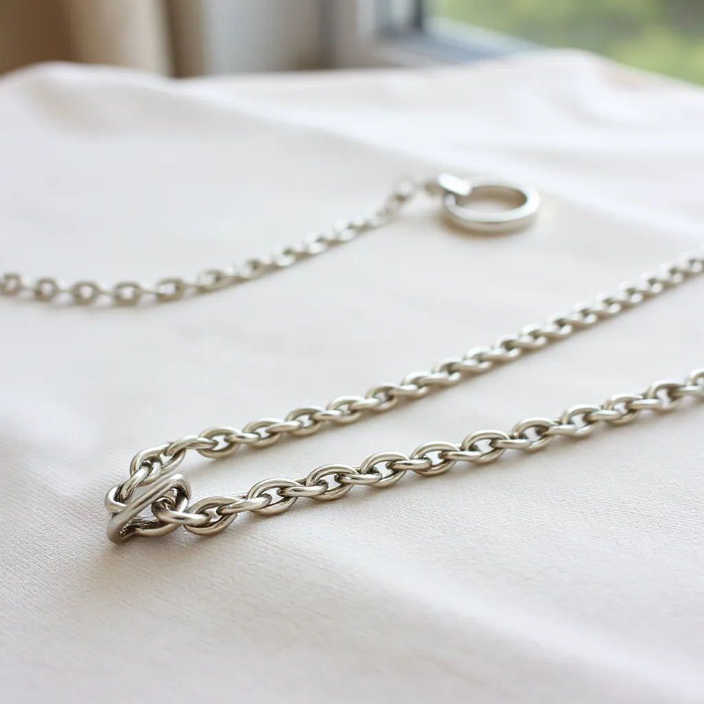 Silver rope chain with detailed braided links arranged on soft neutral fabric
