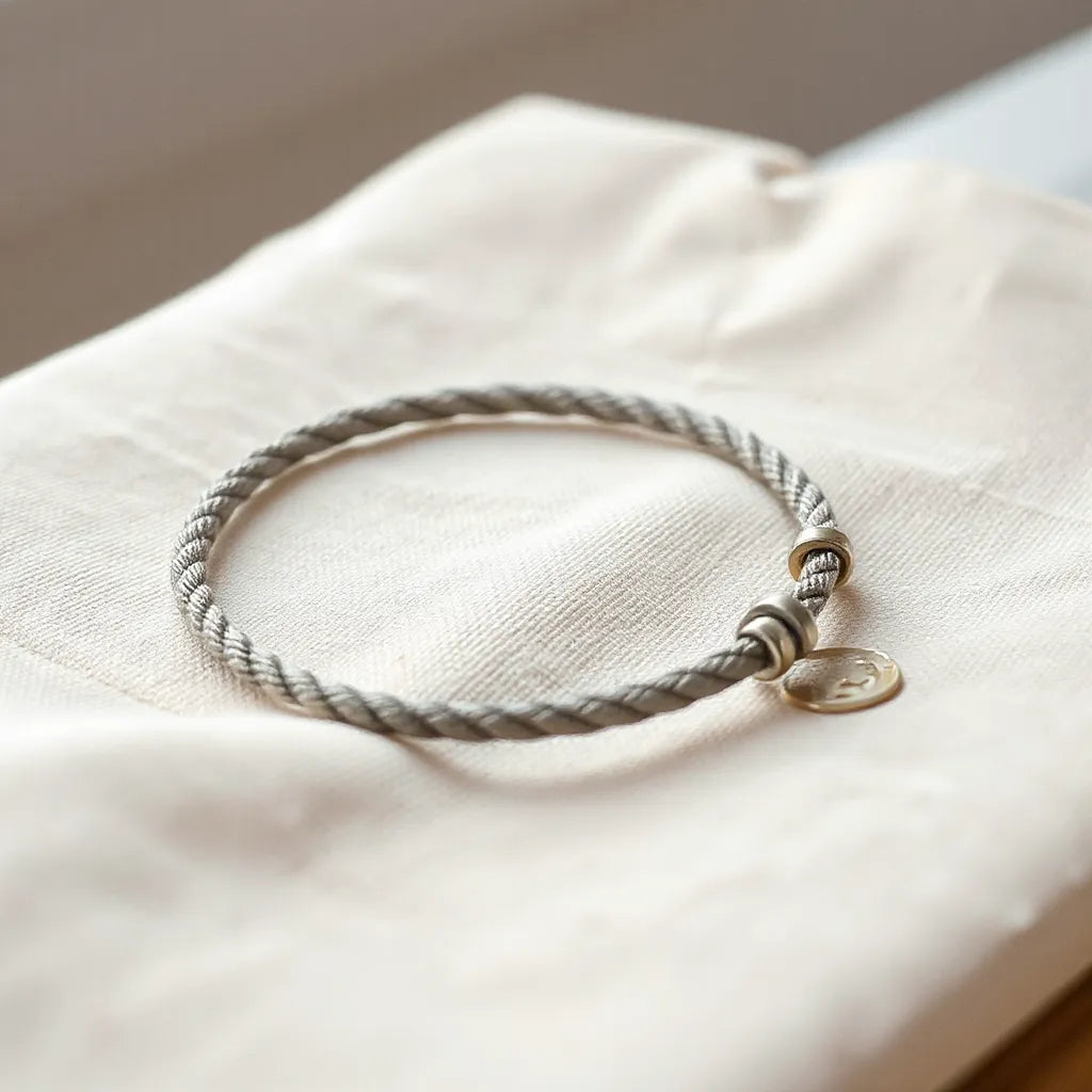 Delicate 2mm rope bracelet with a fine textured metal shine on neutral fabric