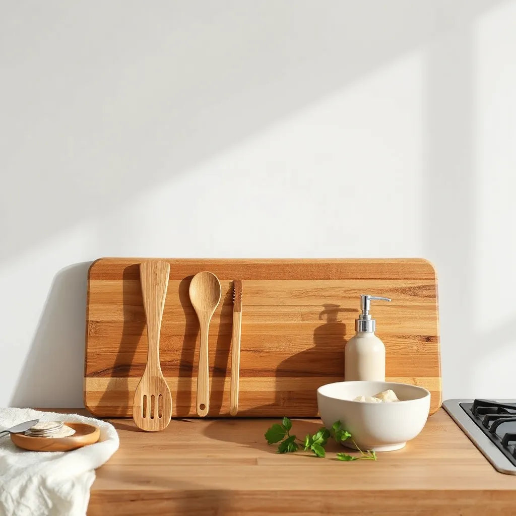 Bamboo cooking utensils on a kitchen counter beside a cutting board and dish soap