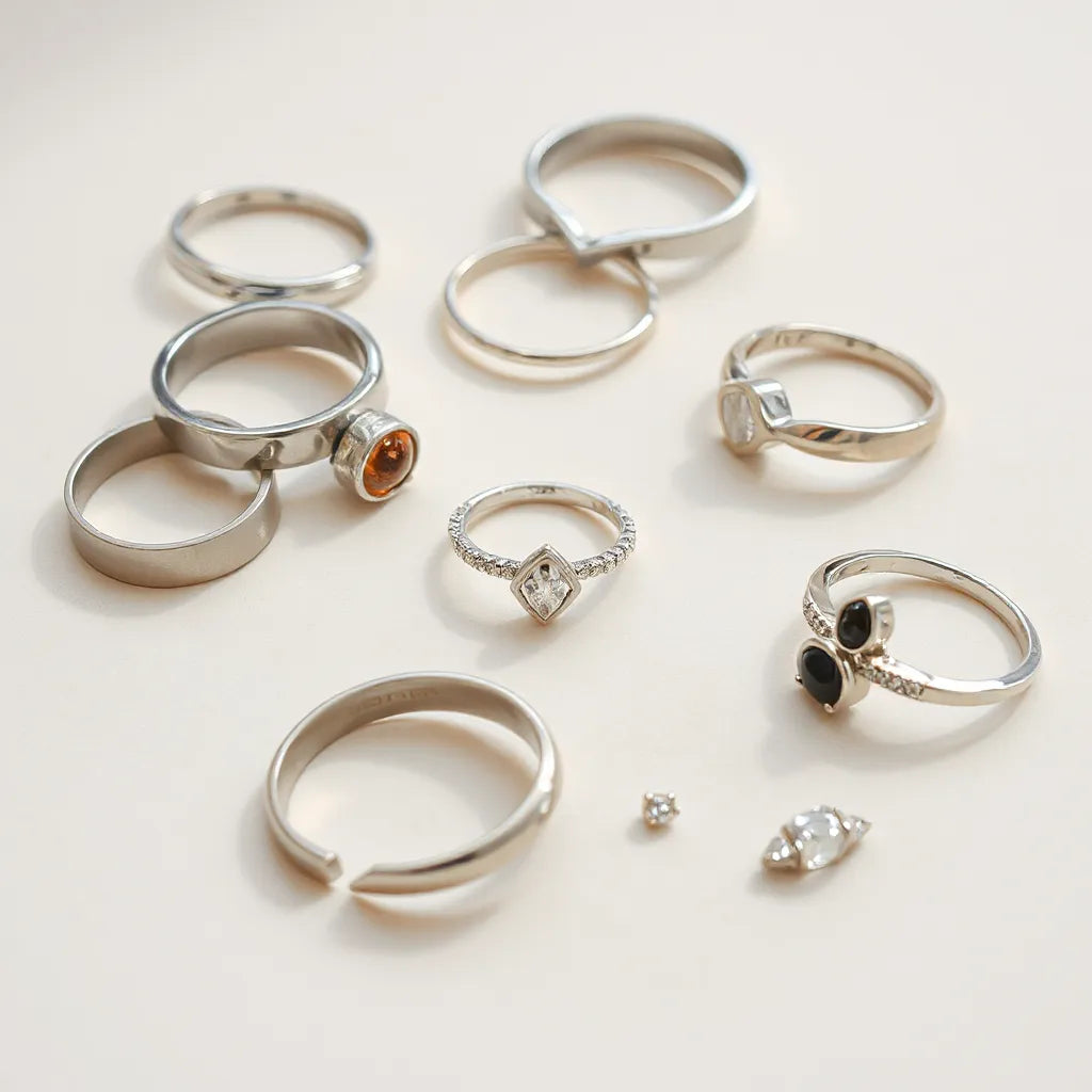 Assorted silver designer rings with minimalist and statement styles on a light background