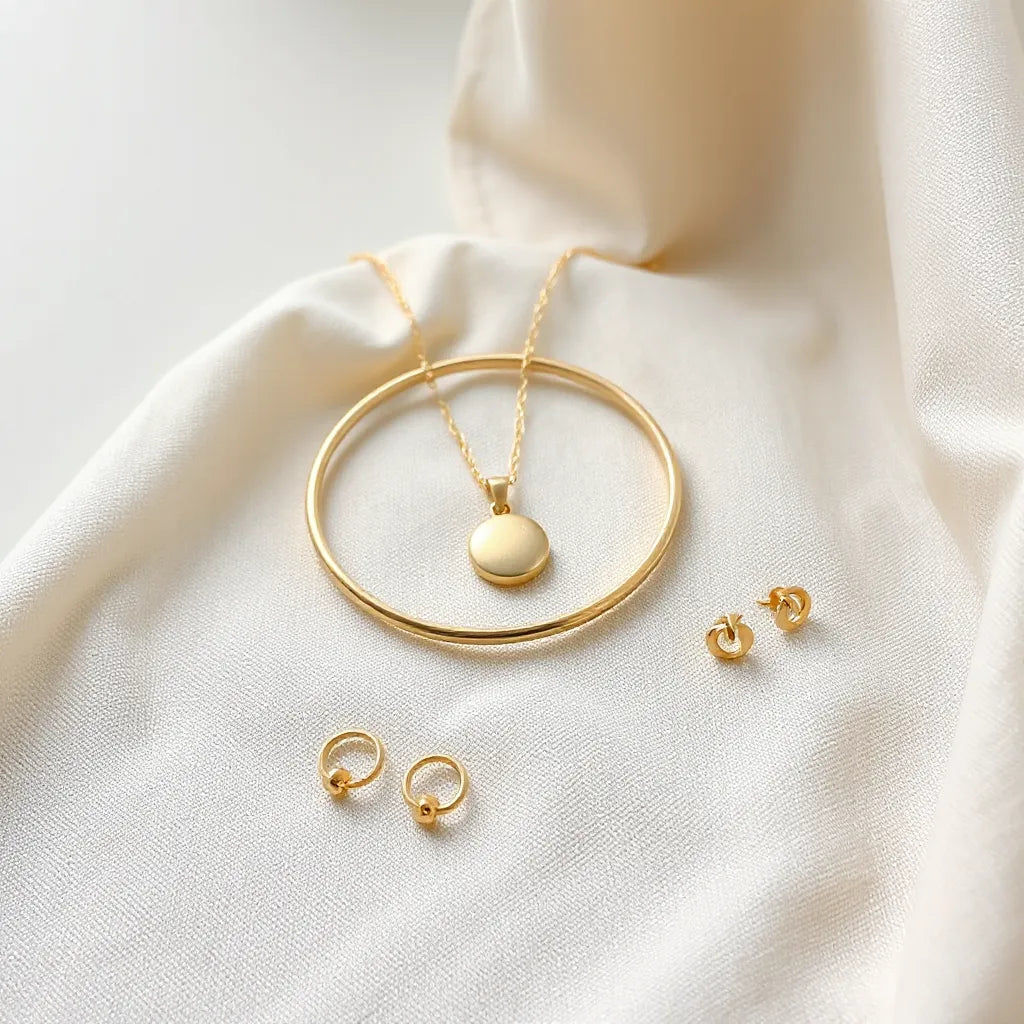 Minimal gold necklace, bracelet, and stud earrings arranged on light fabric under soft natural light