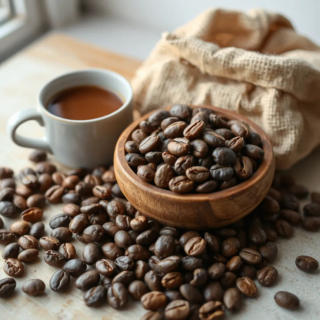 Fresh coffee beans beside a warm cup, with burlap in the background