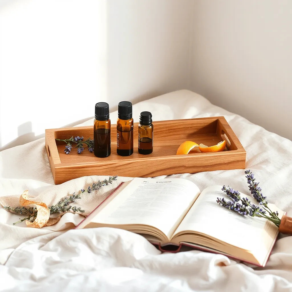Essential oil roller bottles and a diffuser on a wooden tray beside lavender and a linen blanket