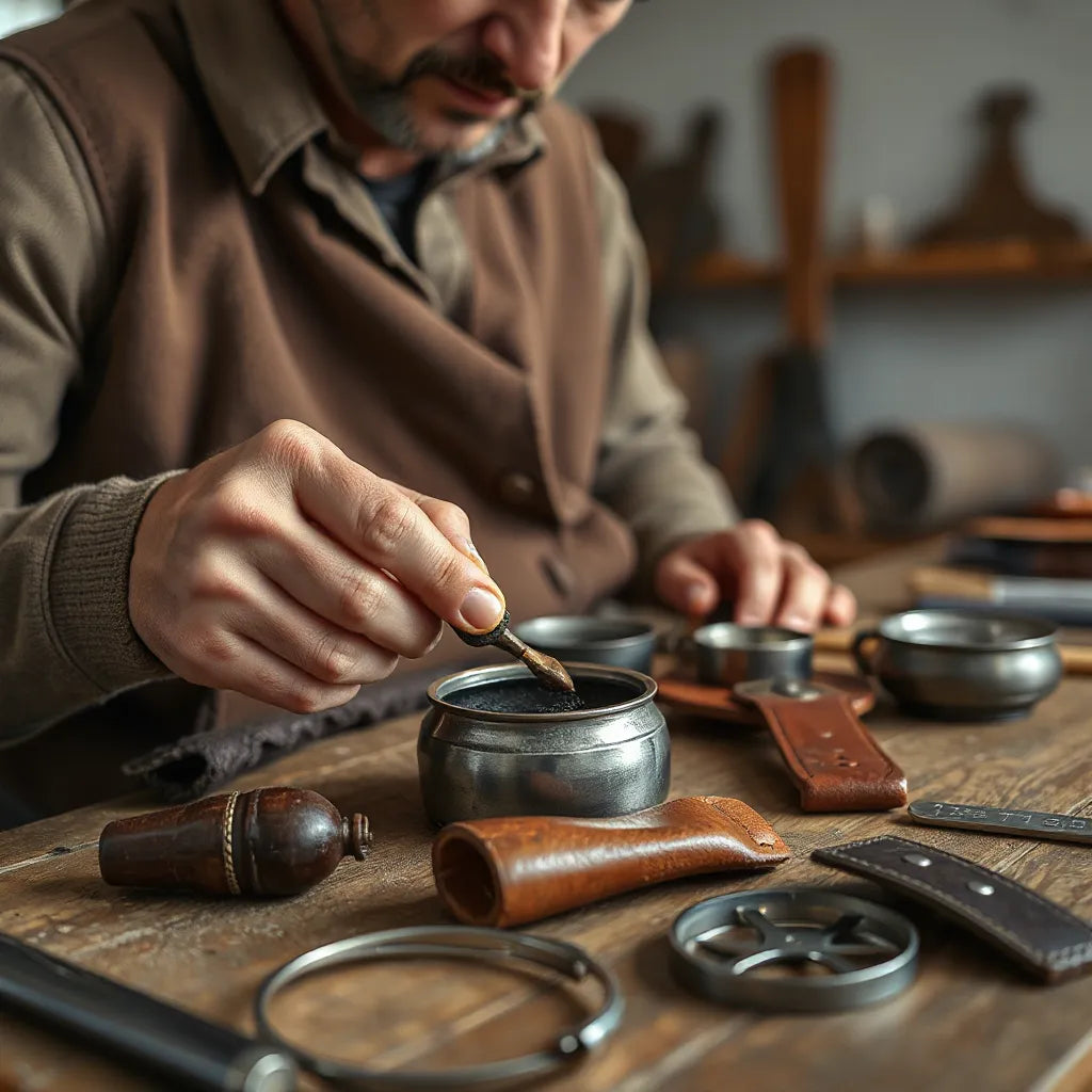 Artisan polishing a finely crafted metal piece in a warm Italian workshop