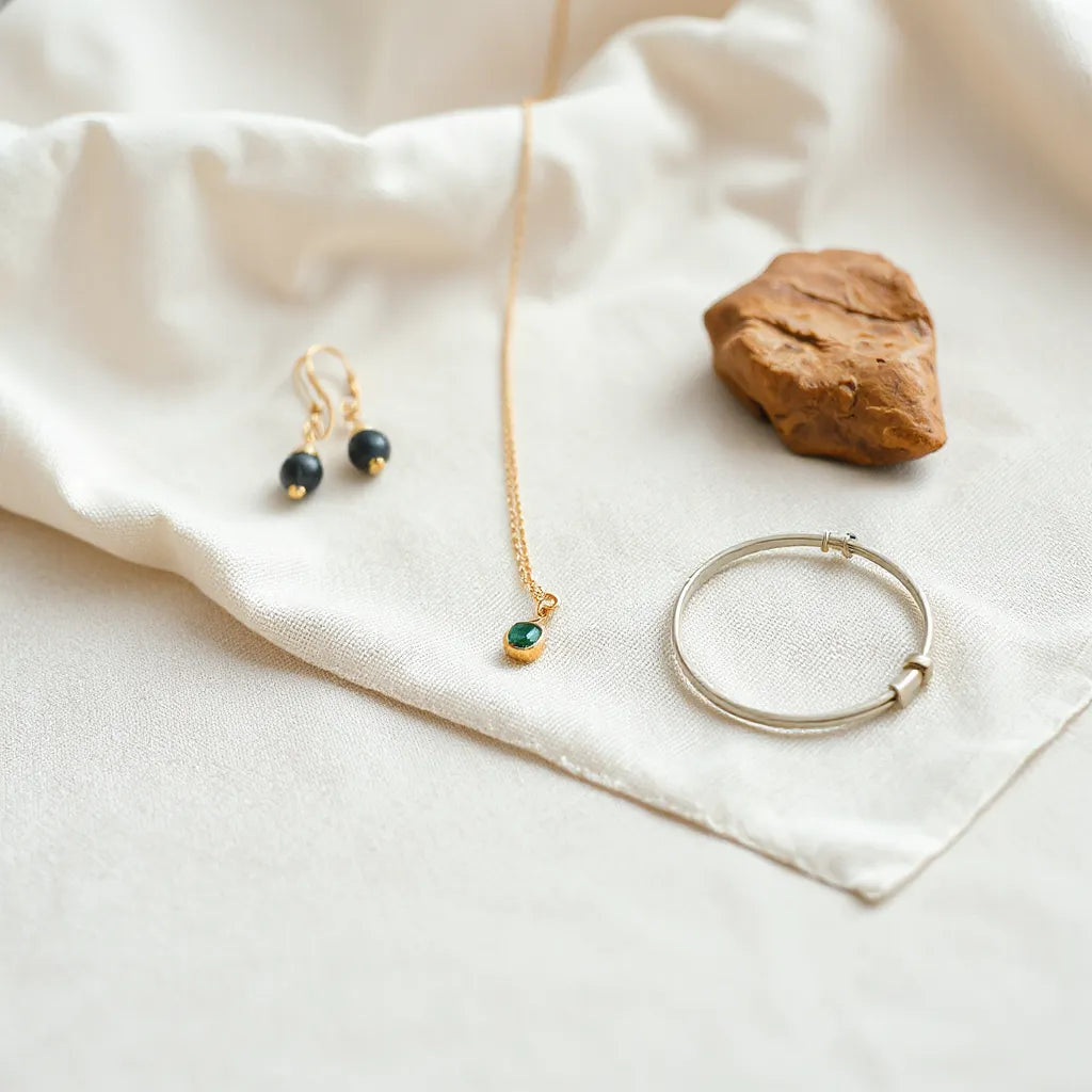 Handcrafted earrings, necklace, and bracelet displayed on a linen cloth under soft window light