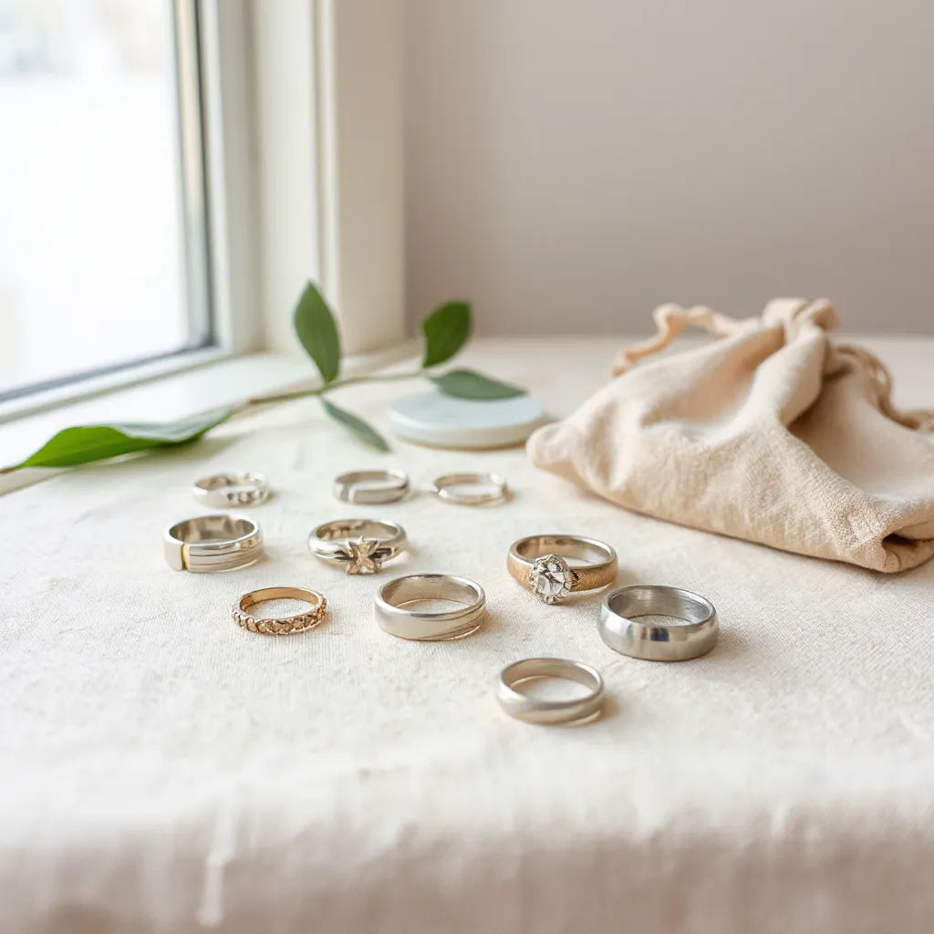 Silver rings in various styles arranged neatly on a light fabric with soft natural lighting