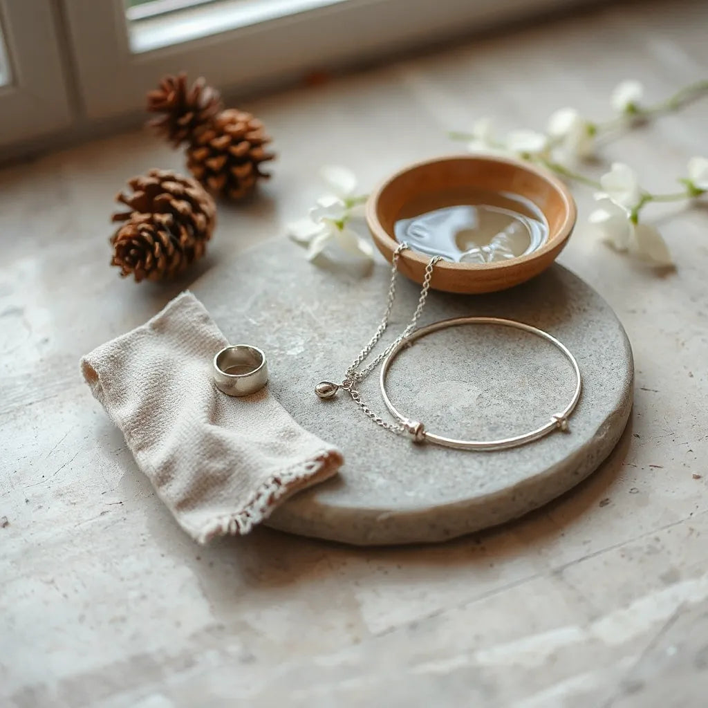 Sterling silver ring and necklace with a soft cleaning cloth on a neutral stone surface