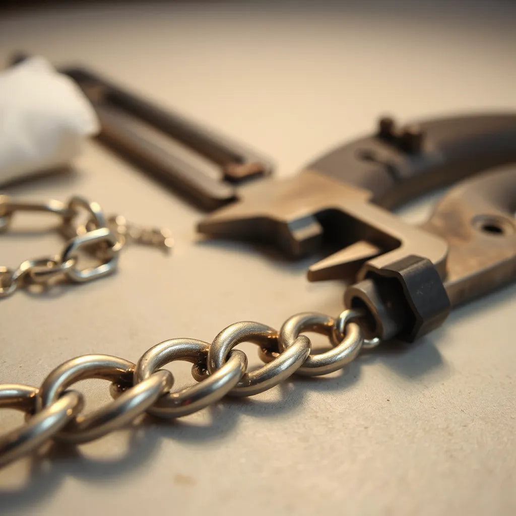 Polished Italian metal chain links on a jeweler’s workbench with tools and soft studio lighting