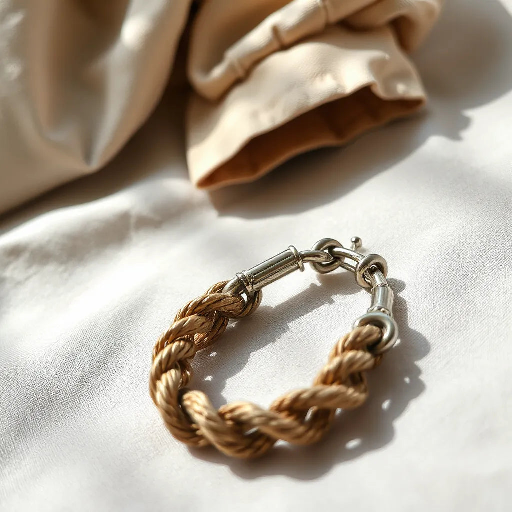 Contemporary rope link bracelet with shiny rope chain links displayed on light neutral fabric.