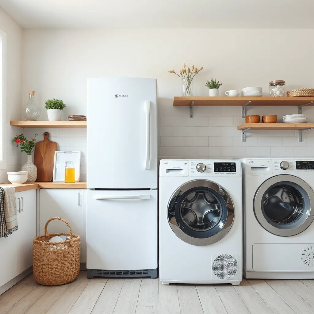 Modern kitchen appliances including an energy-efficient refrigerator and dishwasher in natural daylight