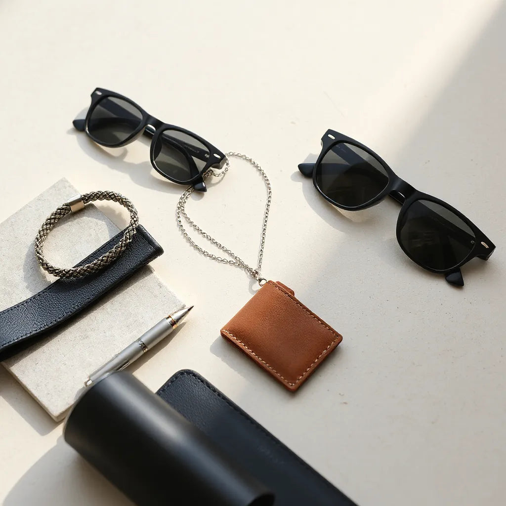 Minimalist men’s accessories arranged on a neutral surface with chain bracelet, necklace, wallet, and sunglasses