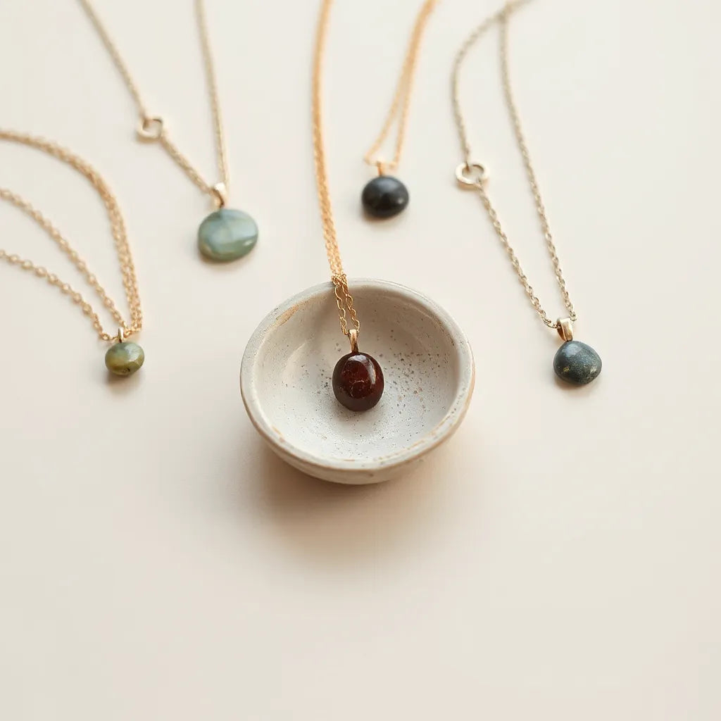 Assorted artisan-crafted necklaces with delicate pendants arranged on a neutral surface under soft natural light