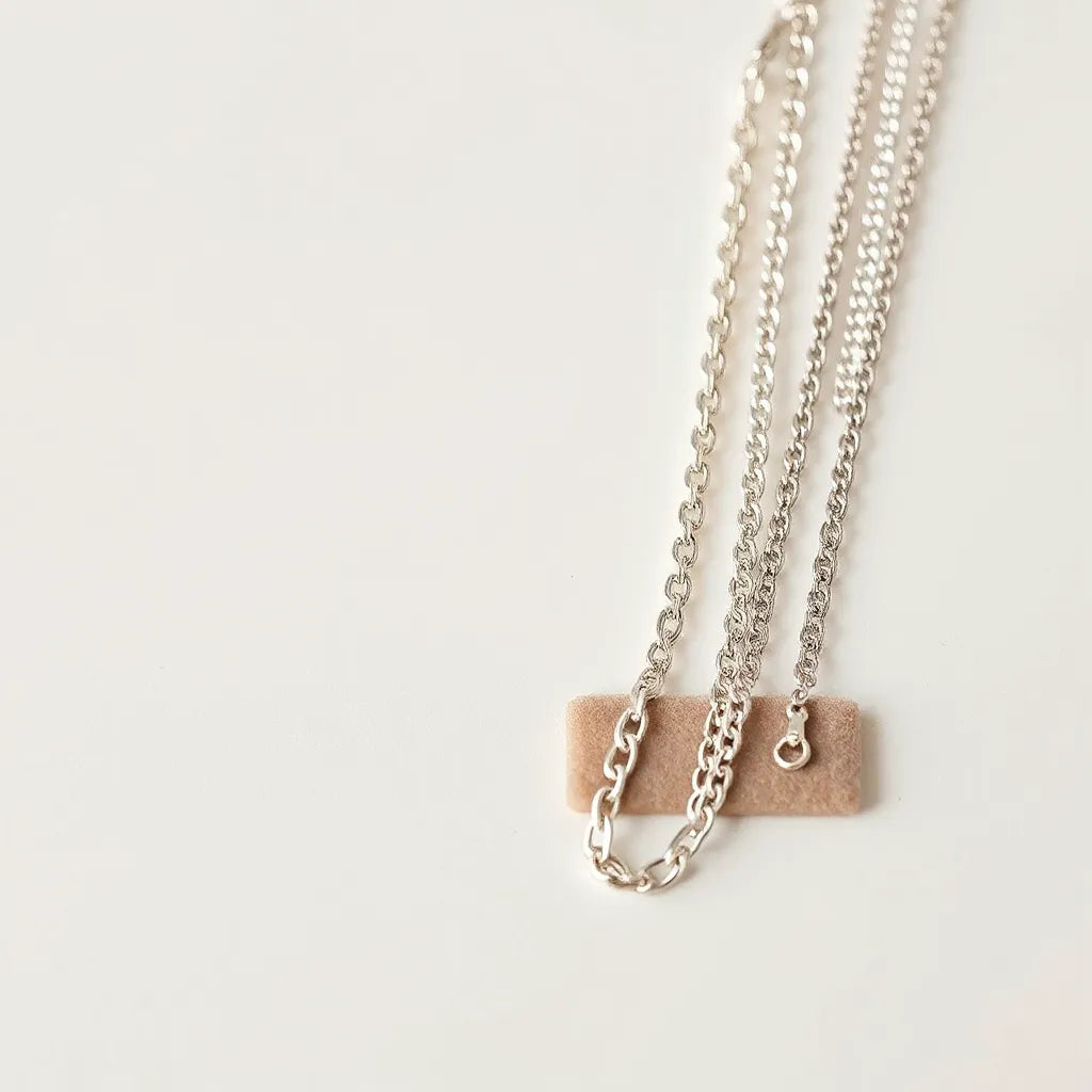 Multiple 925 sterling silver chains displayed neatly with visible link detail and soft reflections