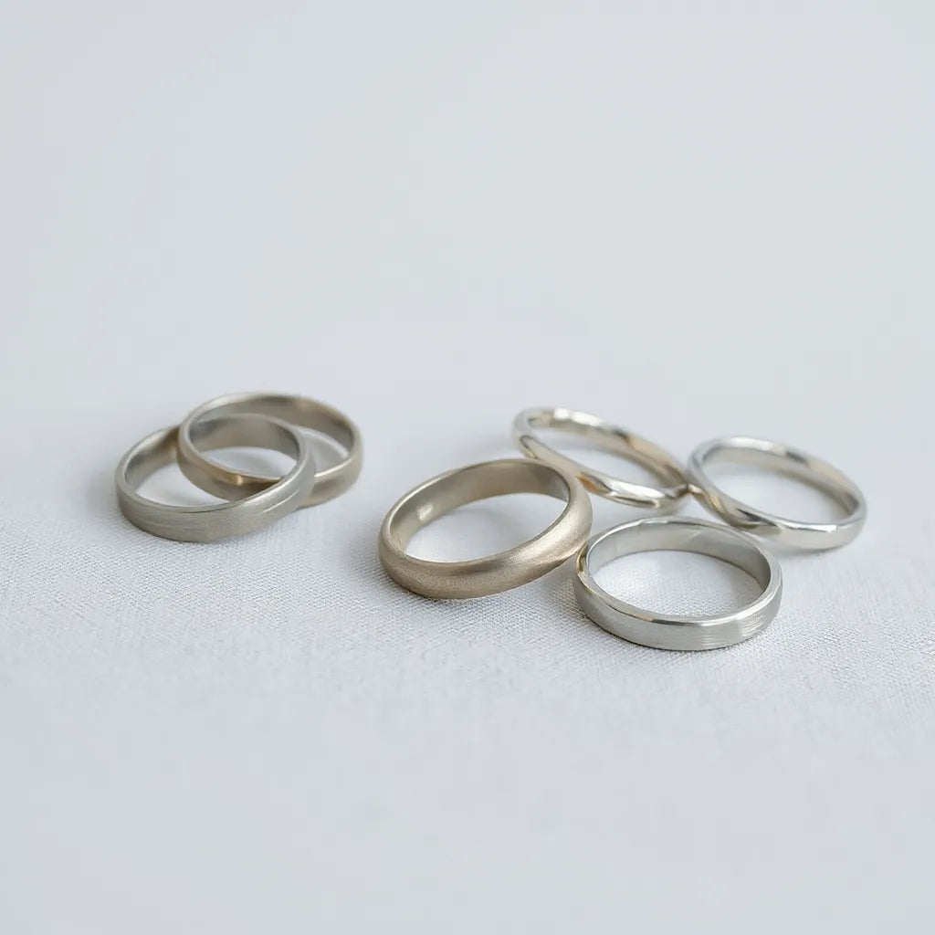 Assorted polished silver rings on light fabric with soft reflections and subtle brushed finishes