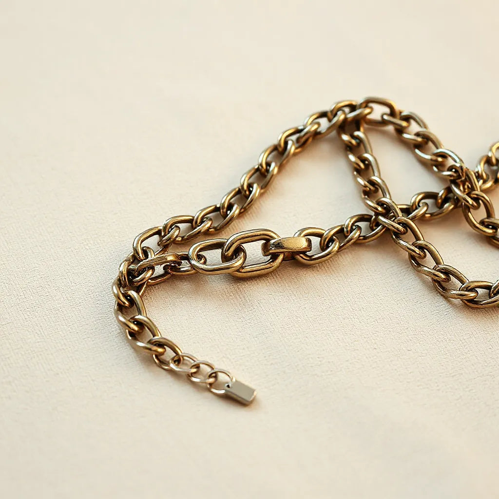 Polished Cuban chain necklace laid on light fabric with soft studio reflections