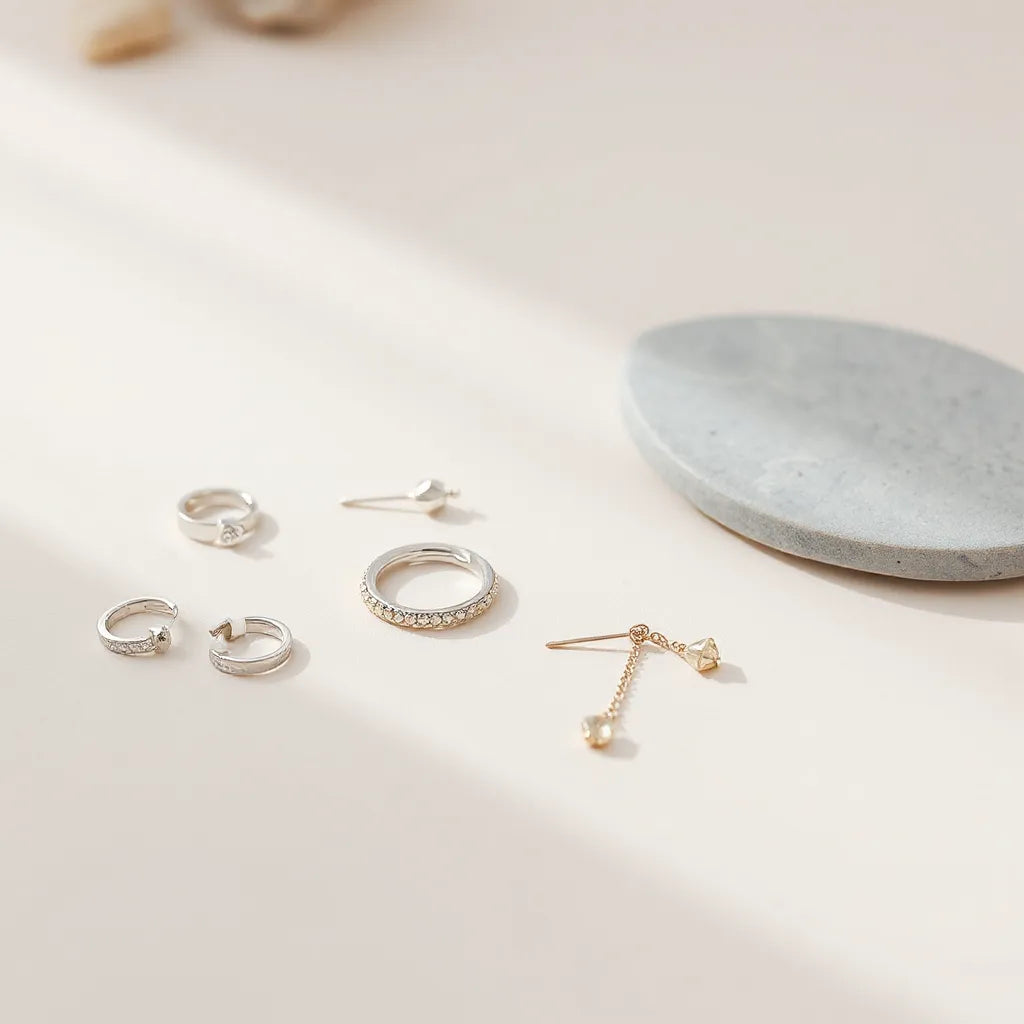 Assorted trendy silver earrings, including studs, hoops, and a geometric drop style on a light background