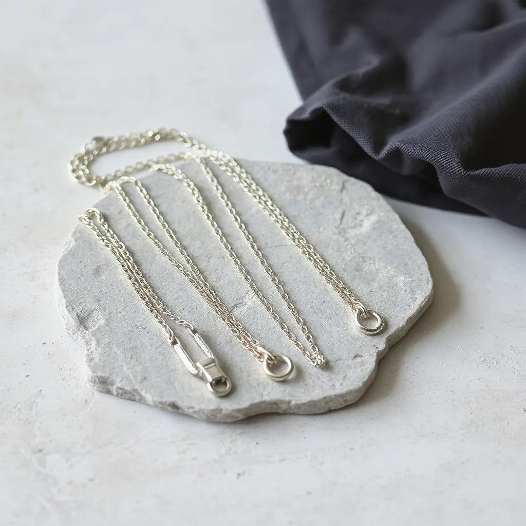 Assorted 925 sterling silver chains arranged neatly on a light stone surface with soft highlights
